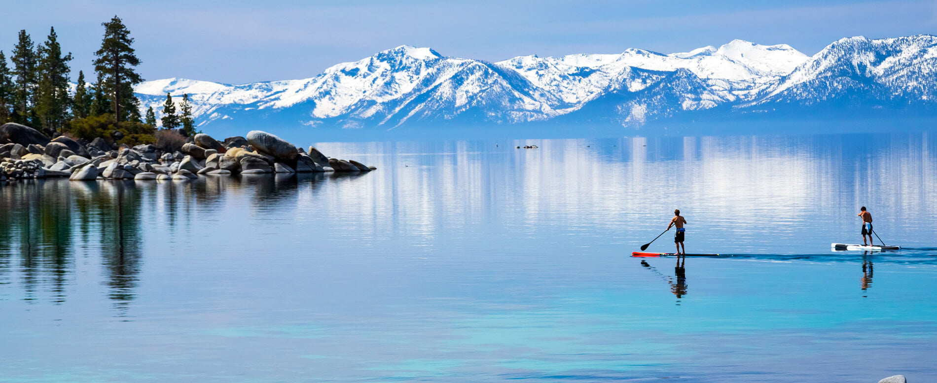 Two man paddle boarding in clear water