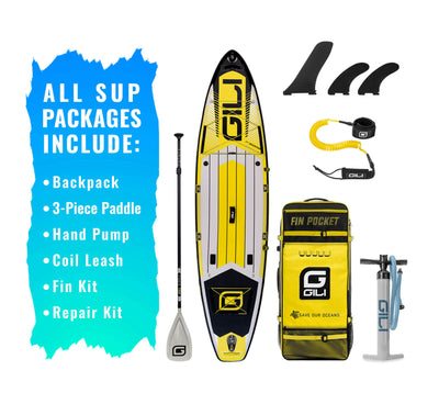 GILI 11' Adventure Inflatable Paddle Board Package in Yellow with accessories