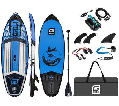 GILI 8' Cuda Blue inflatable paddle board package with whistle and electric pump