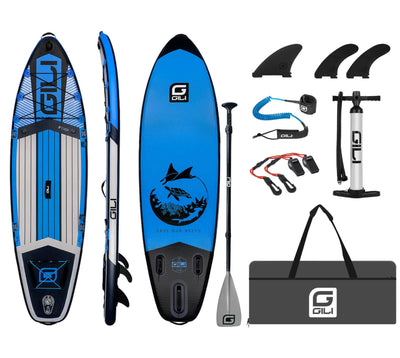 GILI 9' Cuda Blue inflatable paddle board package with whistle and hand pump